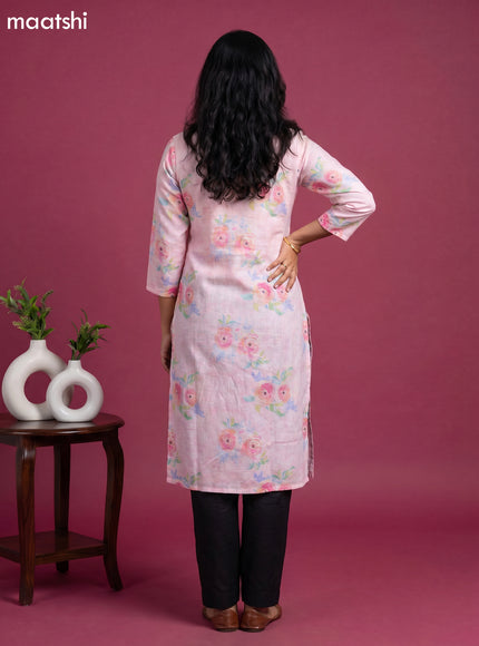 Baby Pink Cotton Floral Printed & Simple Embroidery Straight Kurti