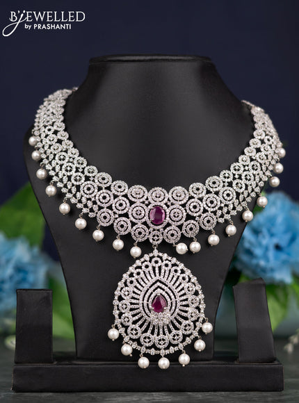 Zircon necklace with ruby & cz stone and pearl hangings without earrings