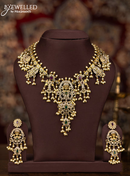 Antique guttapusalu necklace thirupati balaji pendant with kemp & cz stones and pearl hangings