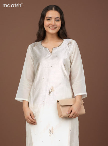 Chanderi salwar suit off white with zardosi work neck pattern and straight cut pant & kota dupatta