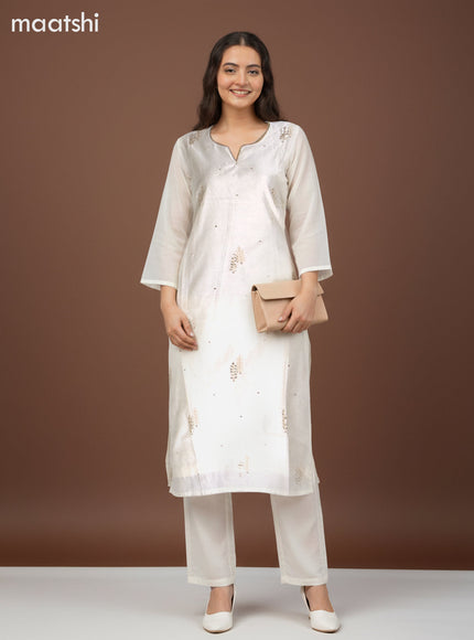 Chanderi salwar suit off white with zardosi work neck pattern and straight cut pant & kota dupatta