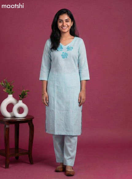 Light Blue Linen Cotton Floral Embroidery Work Kurti Set
