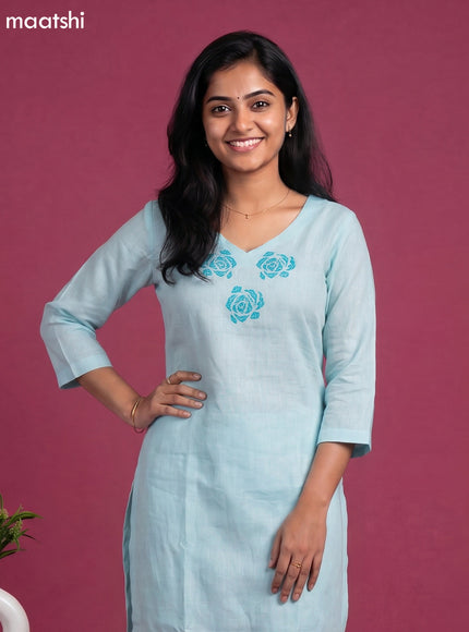 Light Blue Linen Cotton Floral Embroidery Work Kurti Set