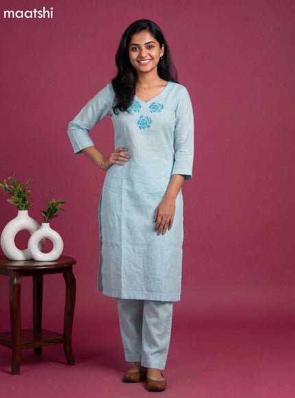 Light Blue Linen Cotton Floral Embroidery Work Kurti Set