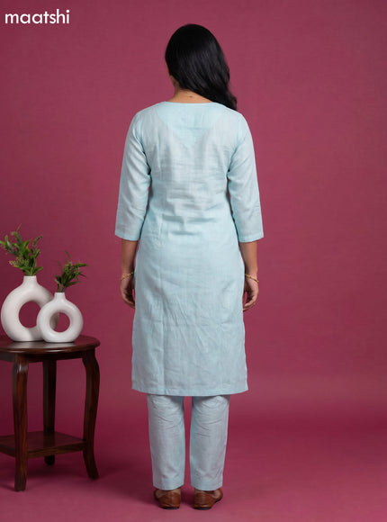 Light Blue Linen Cotton Floral Embroidery Work Kurti Set