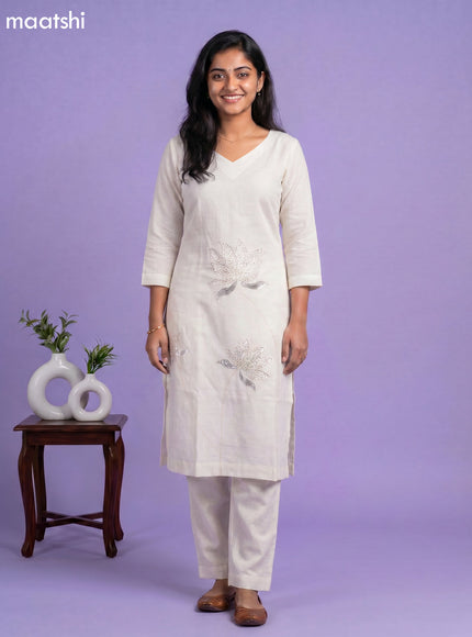 Off White Linen Cotton Floral Embroidery Work Kurti Set