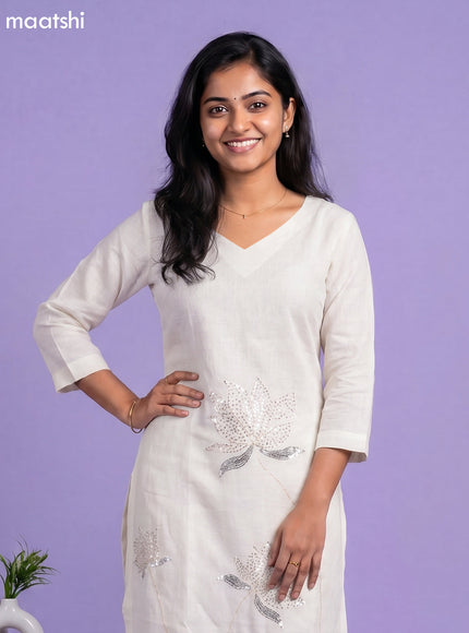 Off White Linen Cotton Floral Embroidery Work Kurti Set