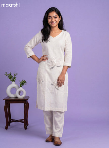 Off White Linen Cotton Floral Embroidery Work Kurti Set