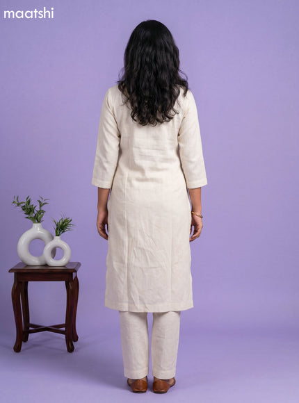 Off White Linen Cotton Floral Embroidery Work Kurti Set