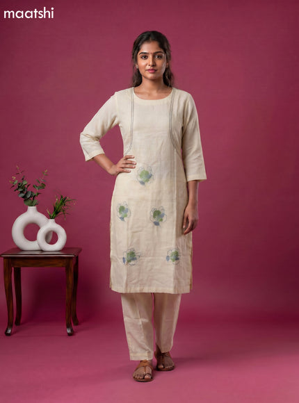 Cream Linen Cotton Floral Embroidery Work Kurti Set