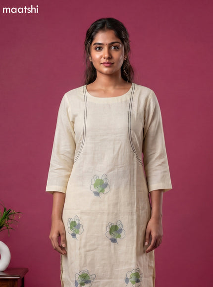 Cream Linen Cotton Floral Embroidery Work Kurti Set