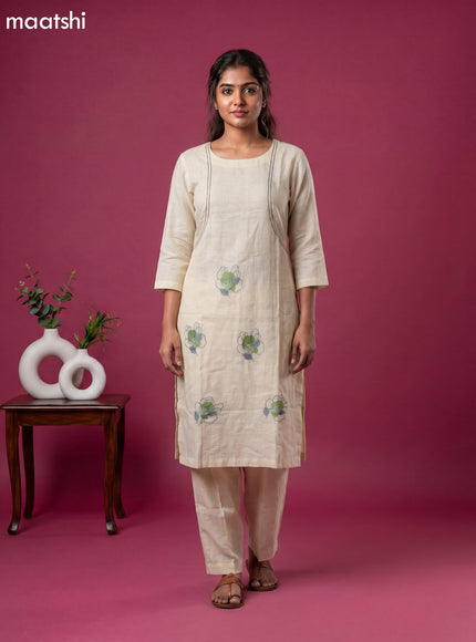 Cream Linen Cotton Floral Embroidery Work Kurti Set