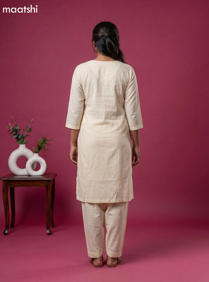Cream Linen Cotton Floral Embroidery Work Kurti Set