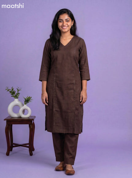 Brown Linen Cotton Floral Embroidery Work Kurti Set