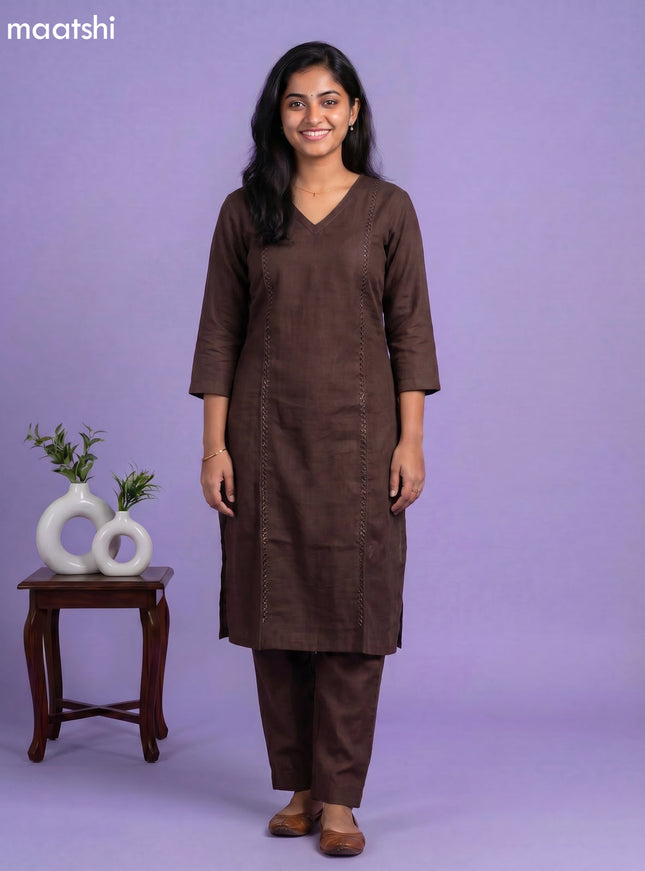 Brown Linen Cotton Floral Embroidery Work Kurti Set