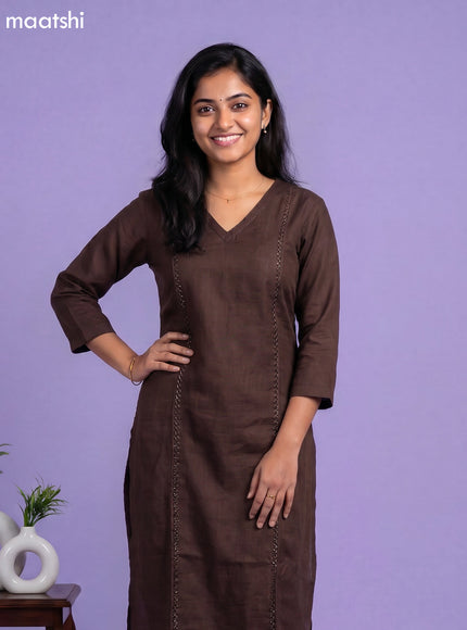 Brown Linen Cotton Floral Embroidery Work Kurti Set