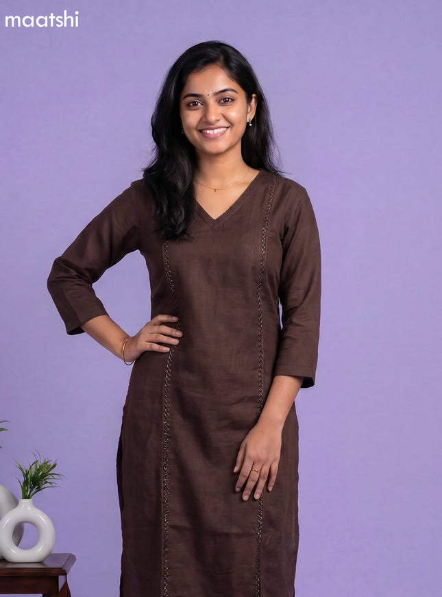 Brown Linen Cotton Floral Embroidery Work Kurti Set
