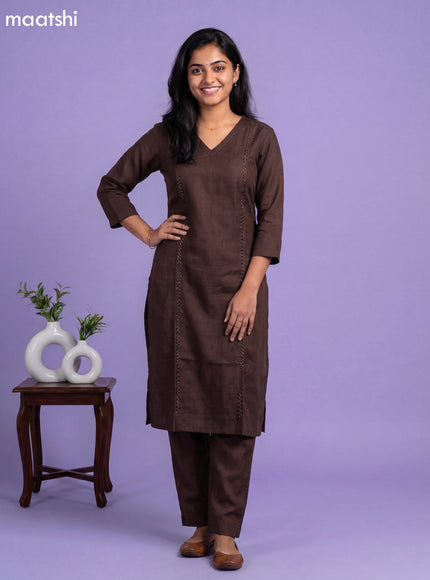 Brown Linen Cotton Floral Embroidery Work Kurti Set