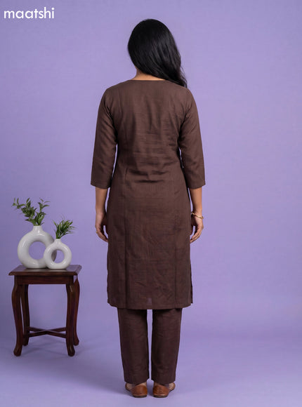 Brown Linen Cotton Floral Embroidery Work Kurti Set