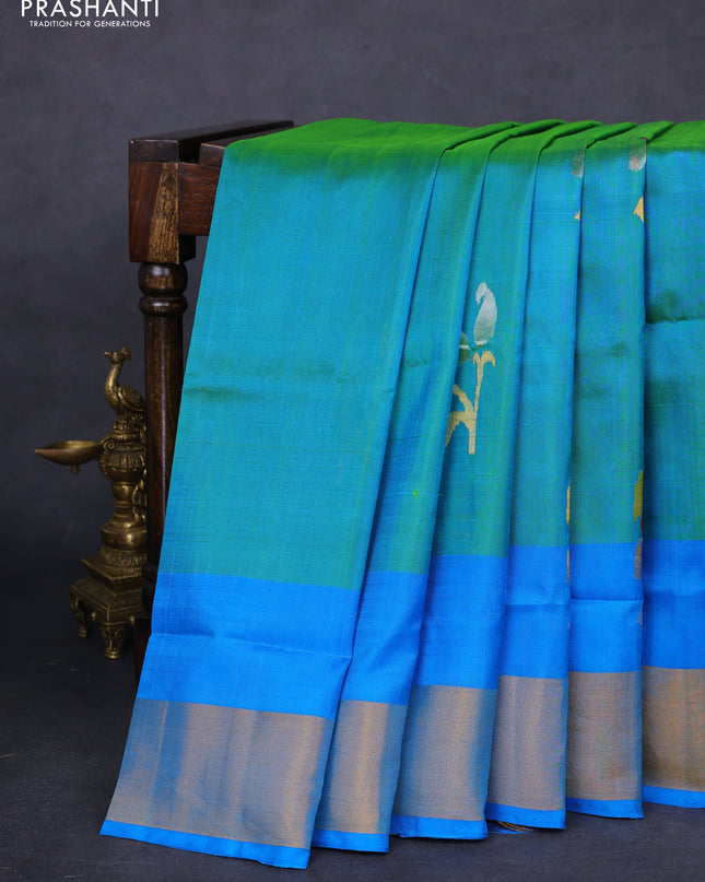 Pure uppada silk saree dual shade of teal bluish green and cs blue with jamdhani zari woven buttas and zari woven border