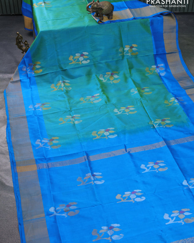 Pure uppada silk saree dual shade of teal bluish green and cs blue with jamdhani zari woven buttas and zari woven border