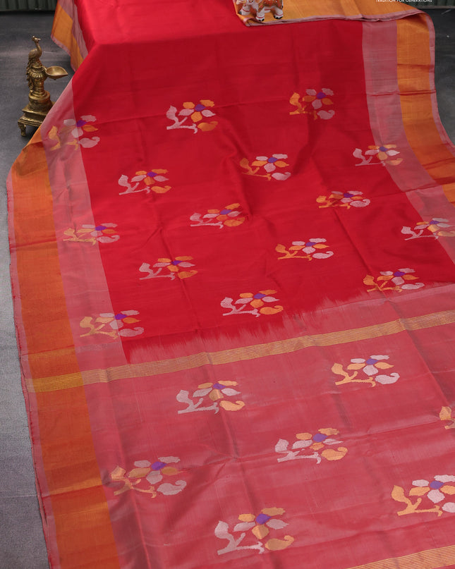 Pure uppada silk saree red and red shade with jamdhani zari woven buttas and zari woven border