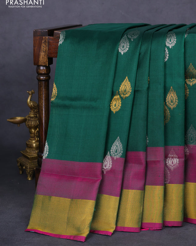 Pure uppada silk saree green and pink with silver & gold zari woven buttas and zari woven border