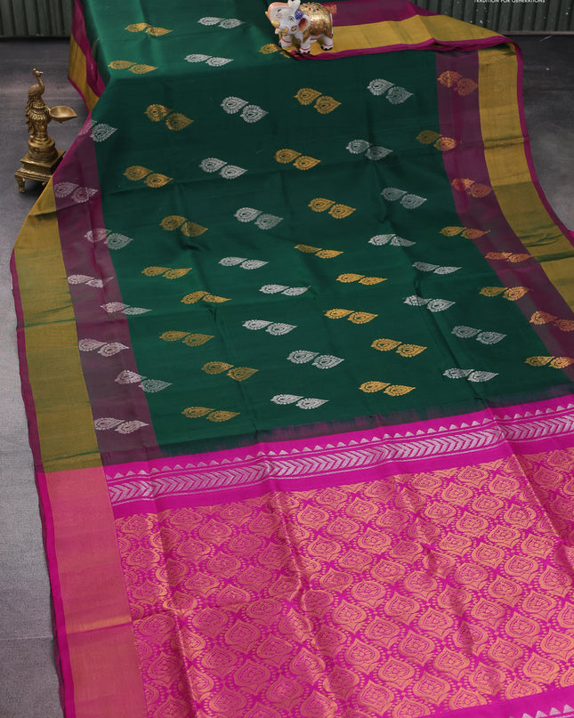 Pure uppada silk saree green and pink with silver & gold zari woven buttas and zari woven border