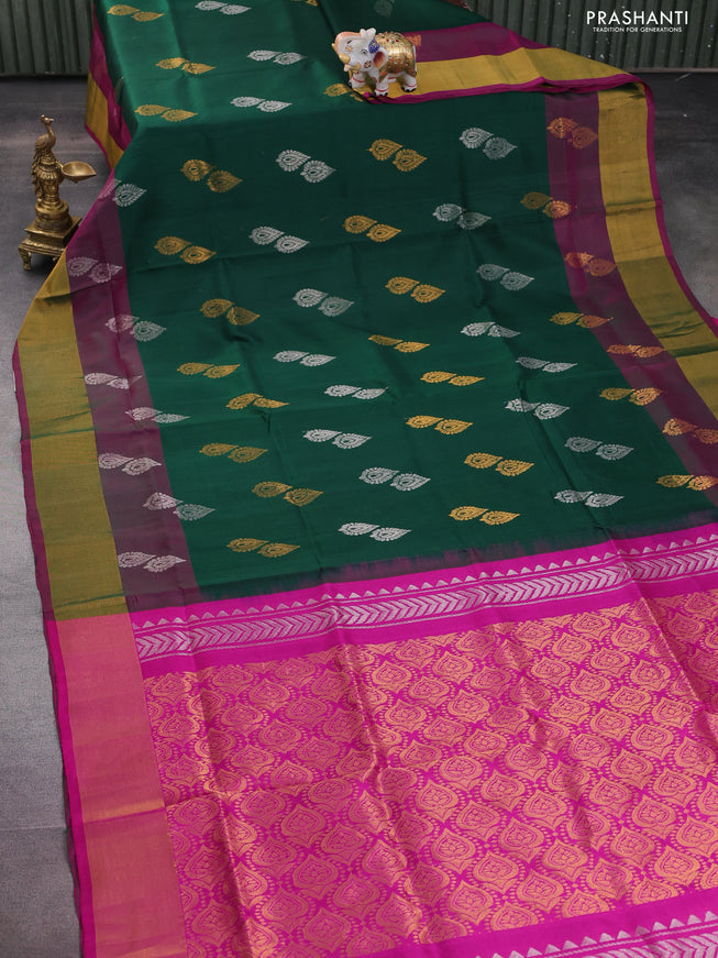 Pure uppada silk saree green and pink with silver & gold zari woven buttas and zari woven border