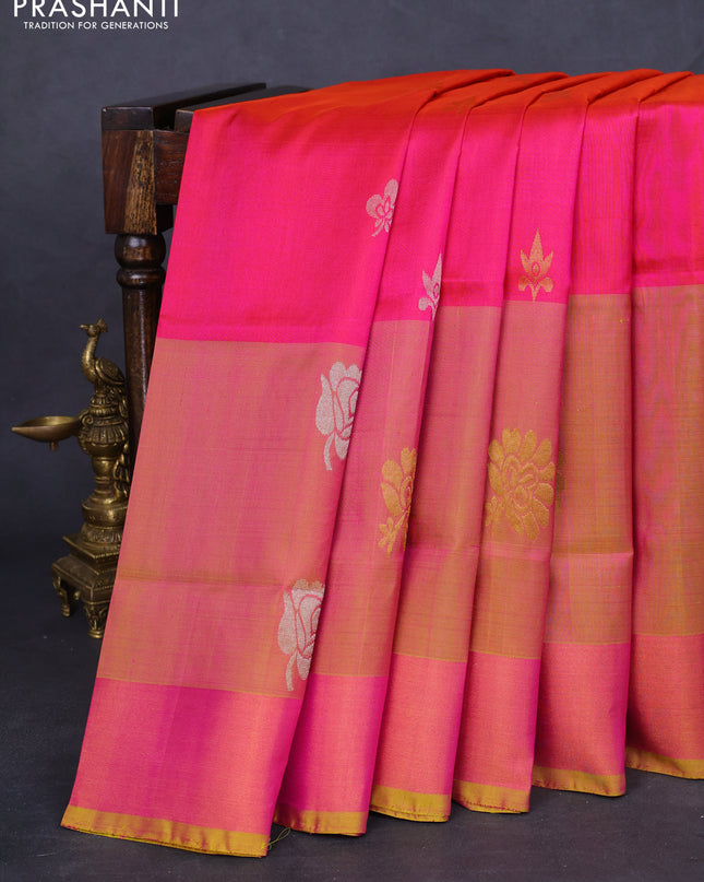 Pure uppada silk saree dual shade of pink and dual shade of yellow with silver & gold zari woven buttas and long floral butta zari woven border