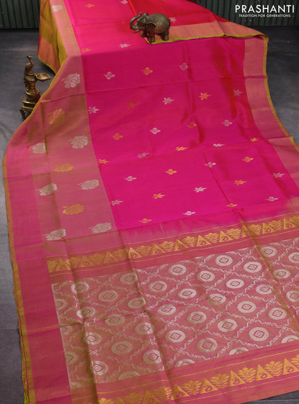 Pure uppada silk saree dual shade of pink and dual shade of yellow with silver & gold zari woven buttas and long floral butta zari woven border
