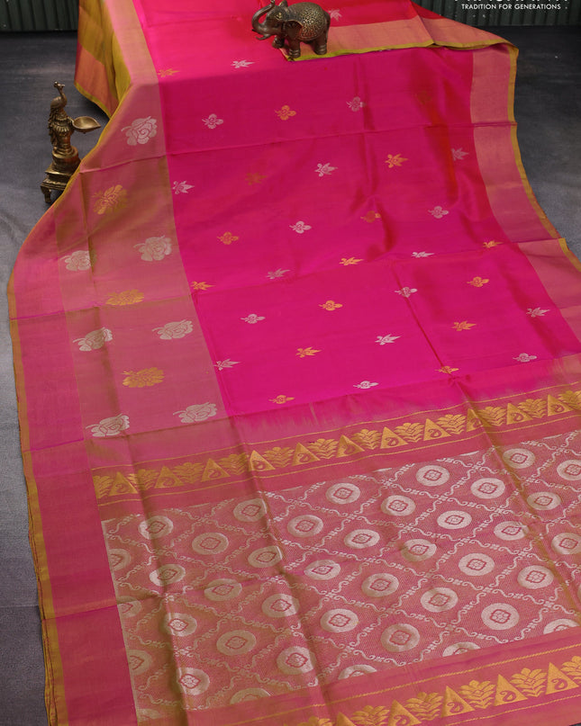 Pure uppada silk saree dual shade of pink and dual shade of yellow with silver & gold zari woven buttas and long floral butta zari woven border