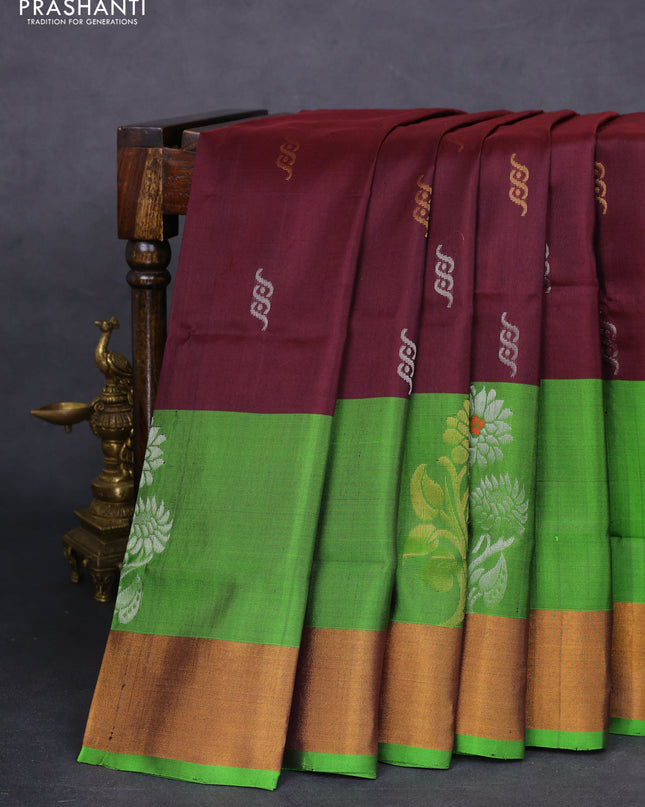 Pure uppada silk saree deep maroon and green with silver & gold zari woven buttas and zari woven border