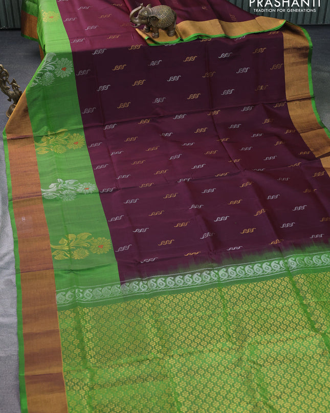 Pure uppada silk saree deep maroon and green with silver & gold zari woven buttas and zari woven border