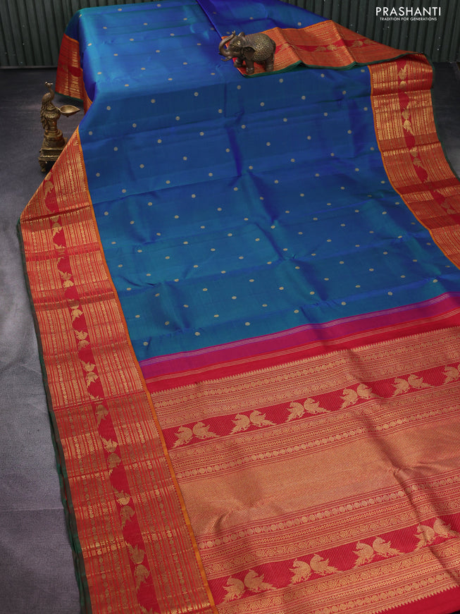 Pure kanchipuram silk saree blue and red with zari woven buttas and zari woven border