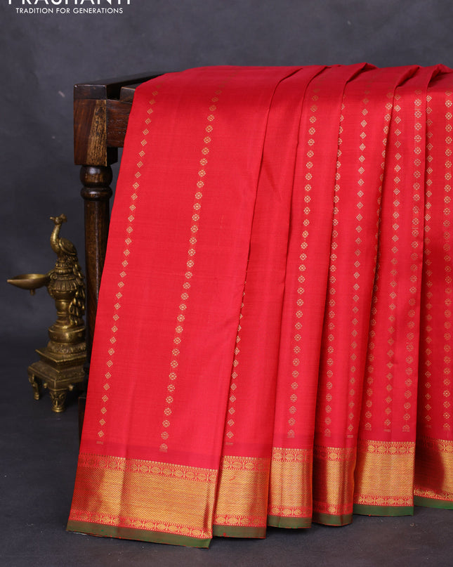 Pure kanchipuram silk saree red and green with allover zari woven 1000 buttas and zari woven border