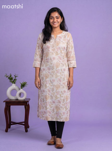 Off White and Sandal Linen Cotton Printed & Embroidery Work Straight Kurti
