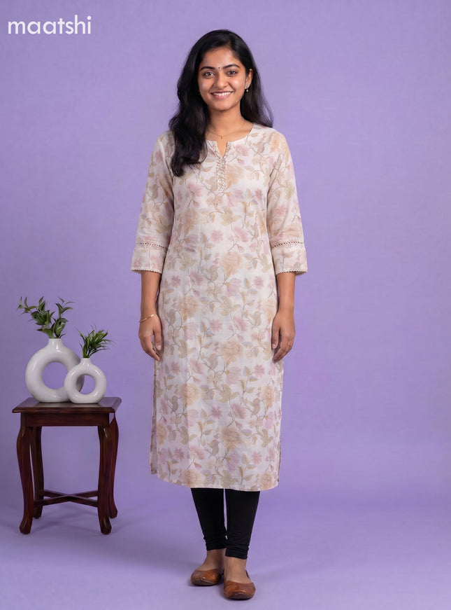 Off White and Sandal Linen Cotton Printed & Embroidery Work Straight Kurti