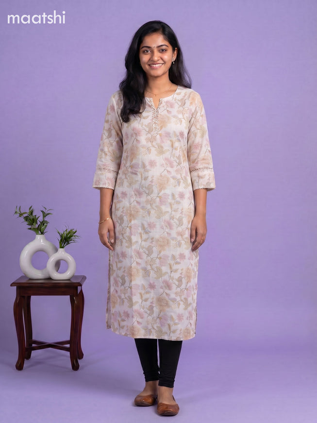 Off White and Sandal Linen Cotton Printed & Embroidery Work Straight Kurti