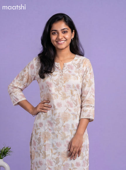 Off White and Sandal Linen Cotton Printed & Embroidery Work Straight Kurti