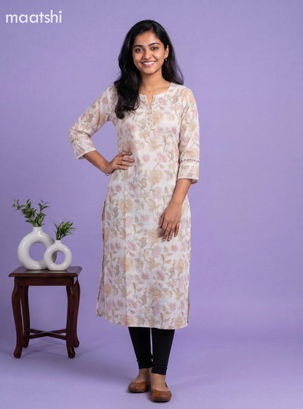 Off White and Sandal Linen Cotton Printed & Embroidery Work Straight Kurti