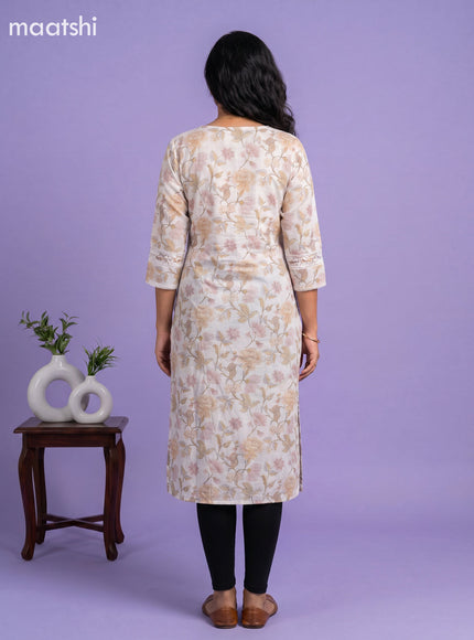 Off White and Sandal Linen Cotton Printed & Embroidery Work Straight Kurti
