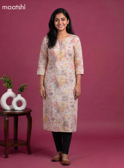 Peach Pink and Linen Cotton Printed & Embroidery Work Straight Kurti
