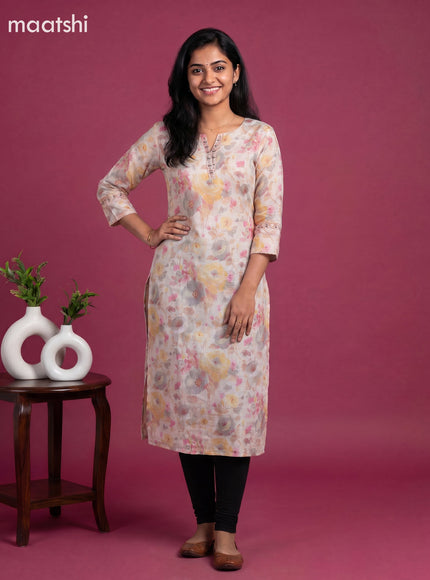 Peach Pink and Linen Cotton Printed & Embroidery Work Straight Kurti