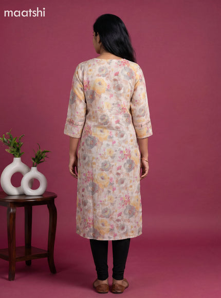 Peach Pink and Linen Cotton Printed & Embroidery Work Straight Kurti