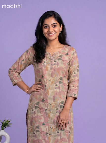 Sandal Linen Cotton Printed & Embroidery Work Straight Kurti