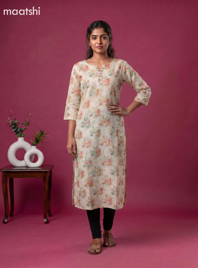 Sandal Linen Cotton Printed & Embroidery Work Straight Kurti