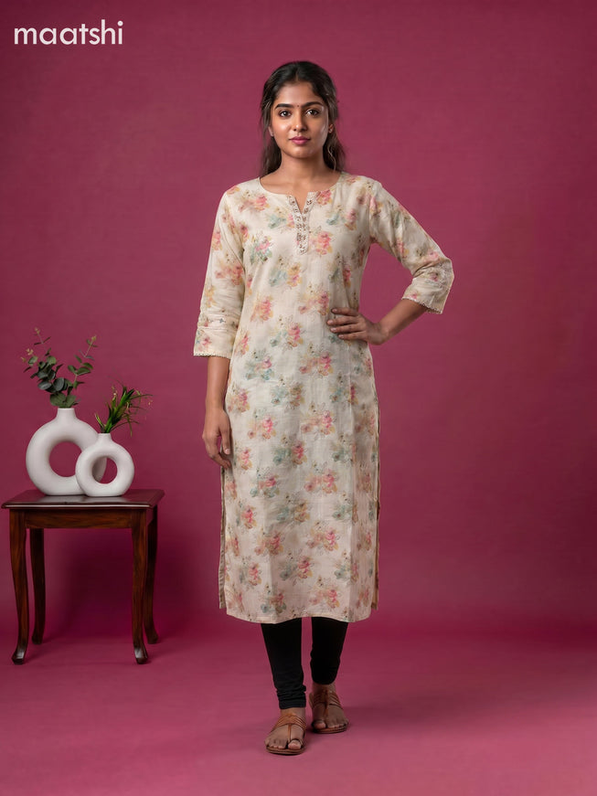 Sandal Linen Cotton Printed & Embroidery Work Straight Kurti