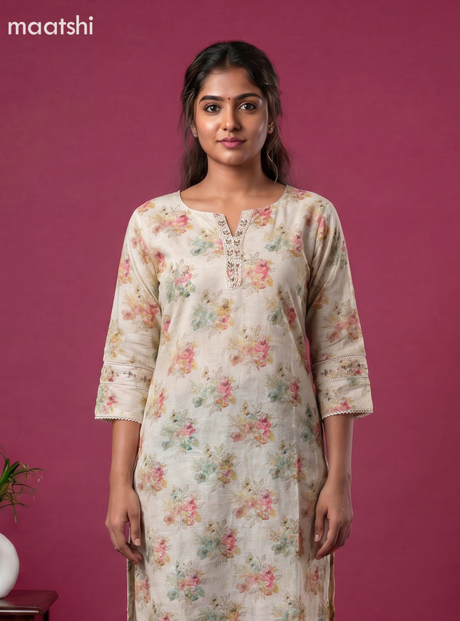 Sandal Linen Cotton Printed & Embroidery Work Straight Kurti