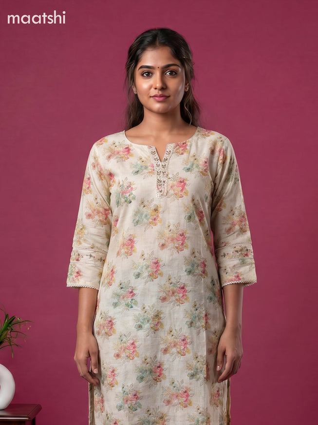Sandal Linen Cotton Printed & Embroidery Work Straight Kurti